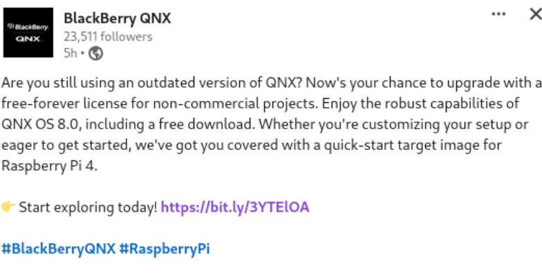 LinkedIn Post announcing QNX 8.0 has a non-commercial license