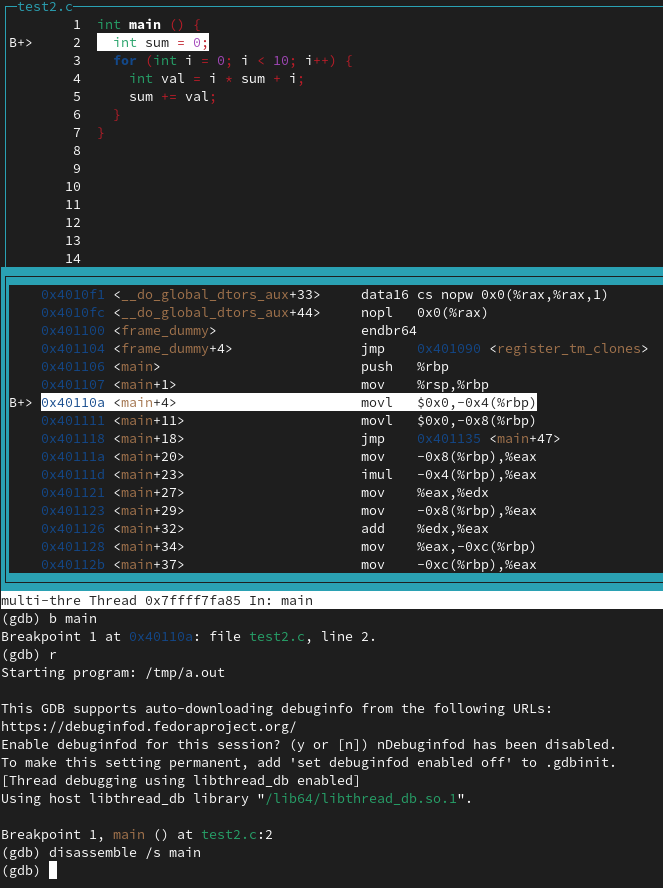 GDB with TUI not showing the annotated line of C in the assembly code