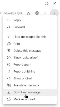 Gmail Expanded Menu to Downloads the email