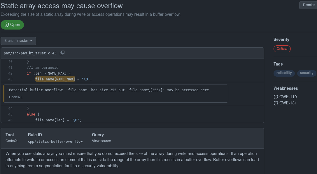 A snapshot of the static analysis report