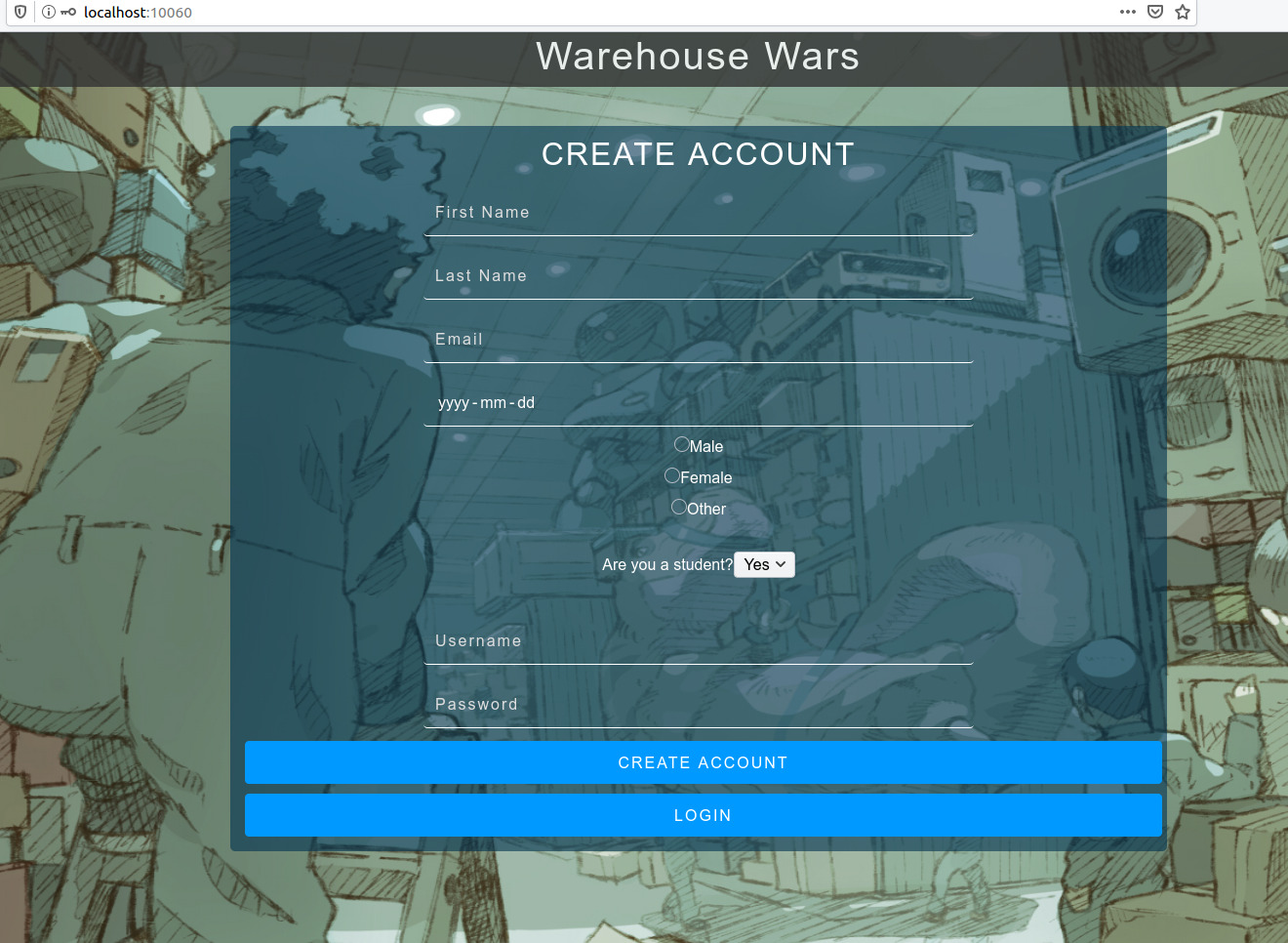 An example of my Warehouse War login screen